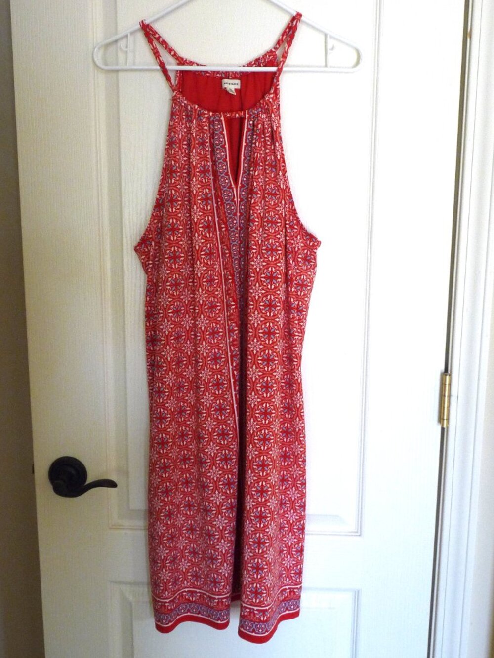 Max Studio knit halter tank shift dress XL red border print blue white floral